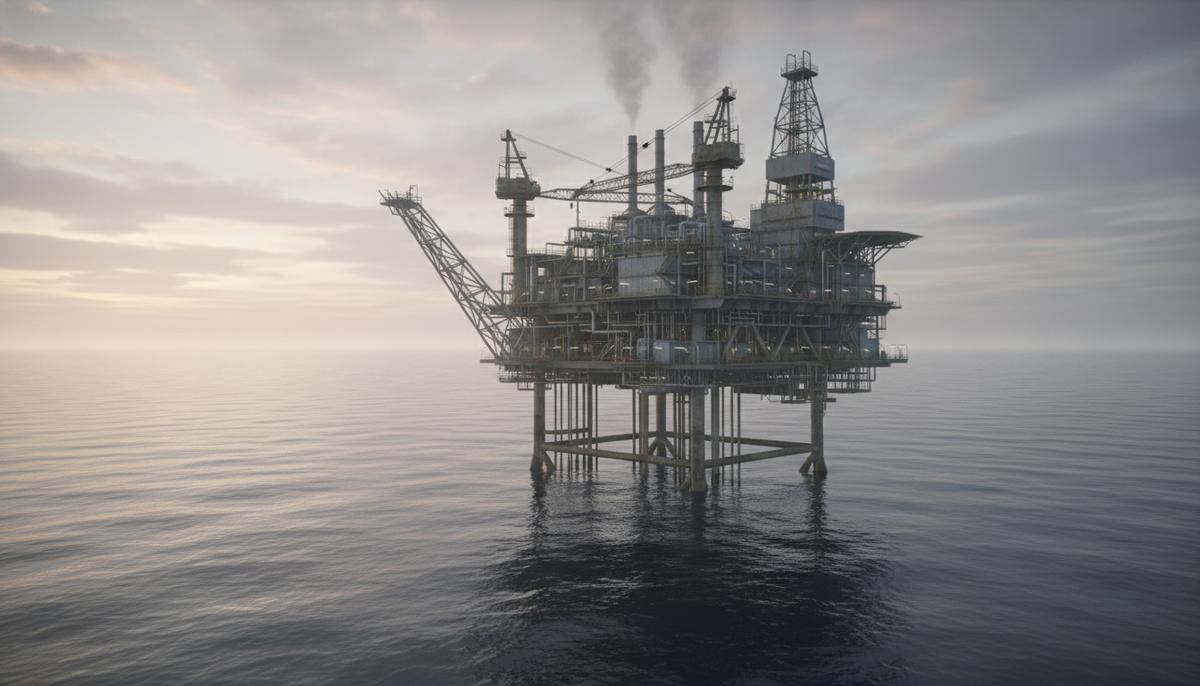 Морская нефтегазовая платформа на рассвете в окружении спокойного моря. Видны сложные промышленные конструкции и трубопроводы.