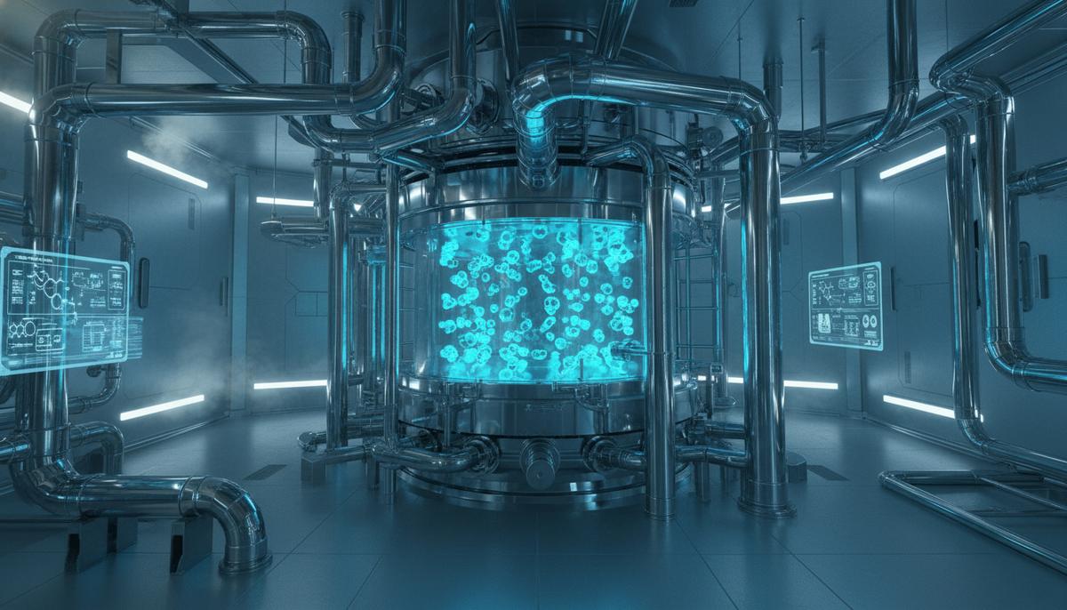 Внутренняя часть современного промышленного каталитического реактора с металлическими трубами и светящимися гранулами катализатора.