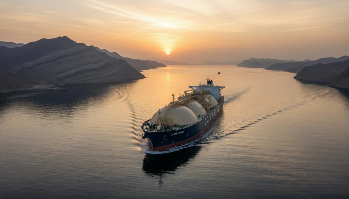 Огромный танкер для перевозки сжиженного природного газа (СПГ) плывет по Ормузскому проливу на фоне скалистых берегов на рассвете.