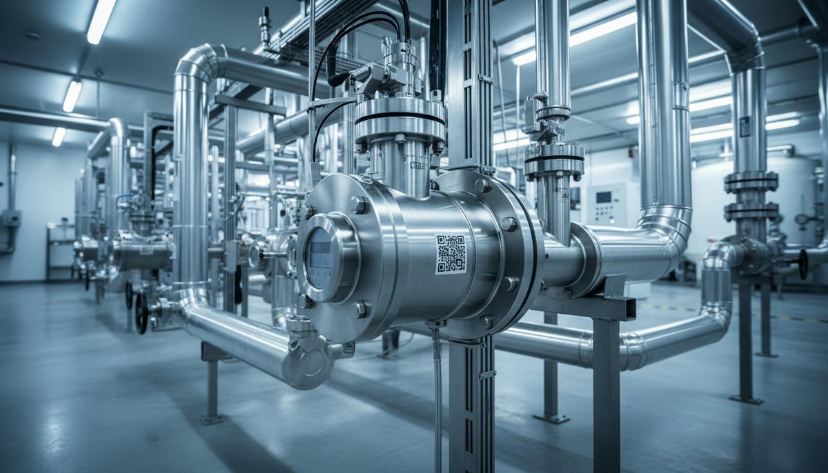 Крупный план промышленного измерительного прибора с QR-кодом на корпусе, установленного на металлическом трубопроводе на заводе.