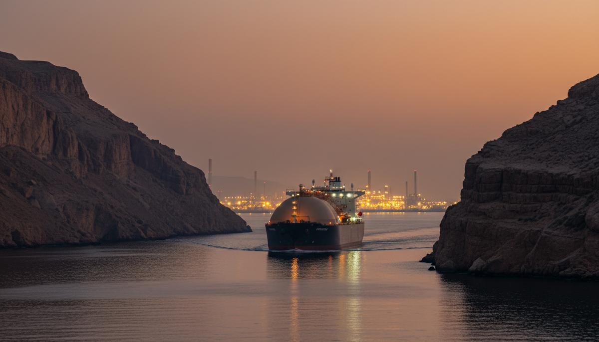 Танкер для перевозки СПГ проходит через узкий Ормузский пролив на закате, на фоне скалистых берегов и огней промышленного объекта.