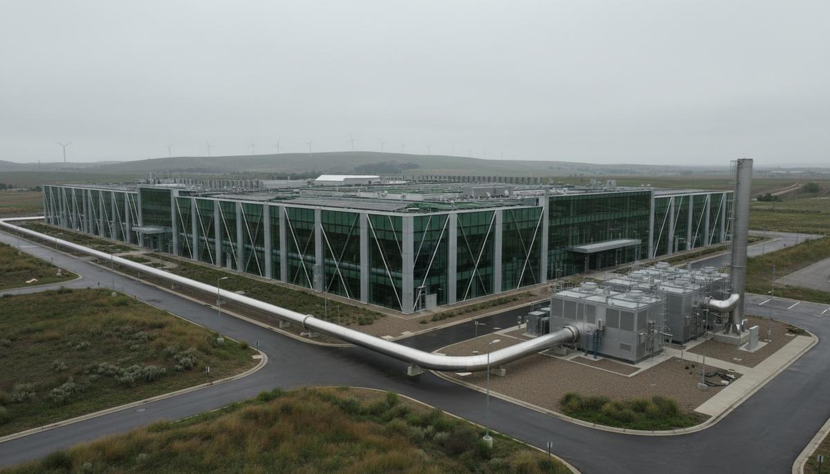 Современное здание дата-центра с подведенным к нему промышленным газопроводом для выработки электроэнергии.