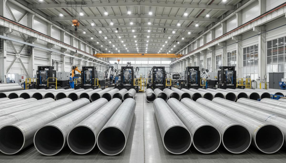 Крупные стальные трубы для трубопроводов аккуратно сложены в штабеля на современном, чистом заводе-производителе.