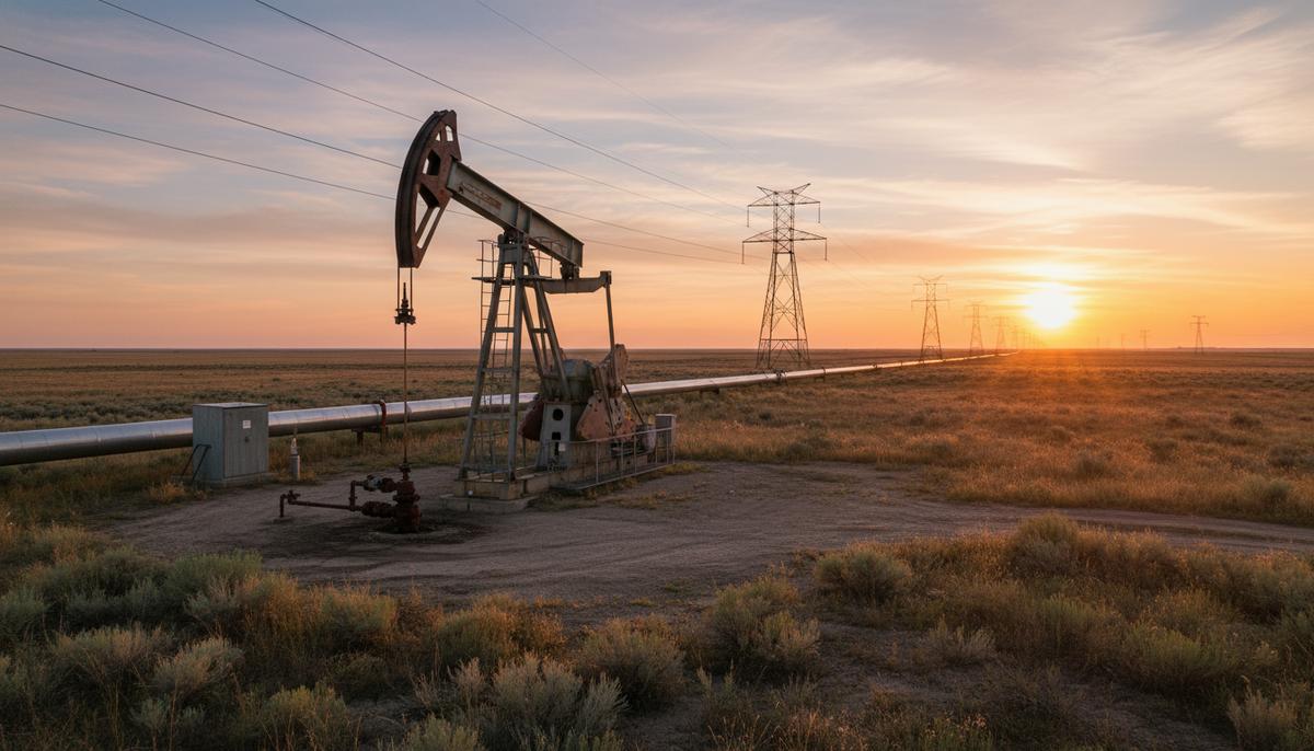 Нефтяной насос-качалка в поле на рассвете, на заднем плане виден газопровод и опоры линии электропередачи.