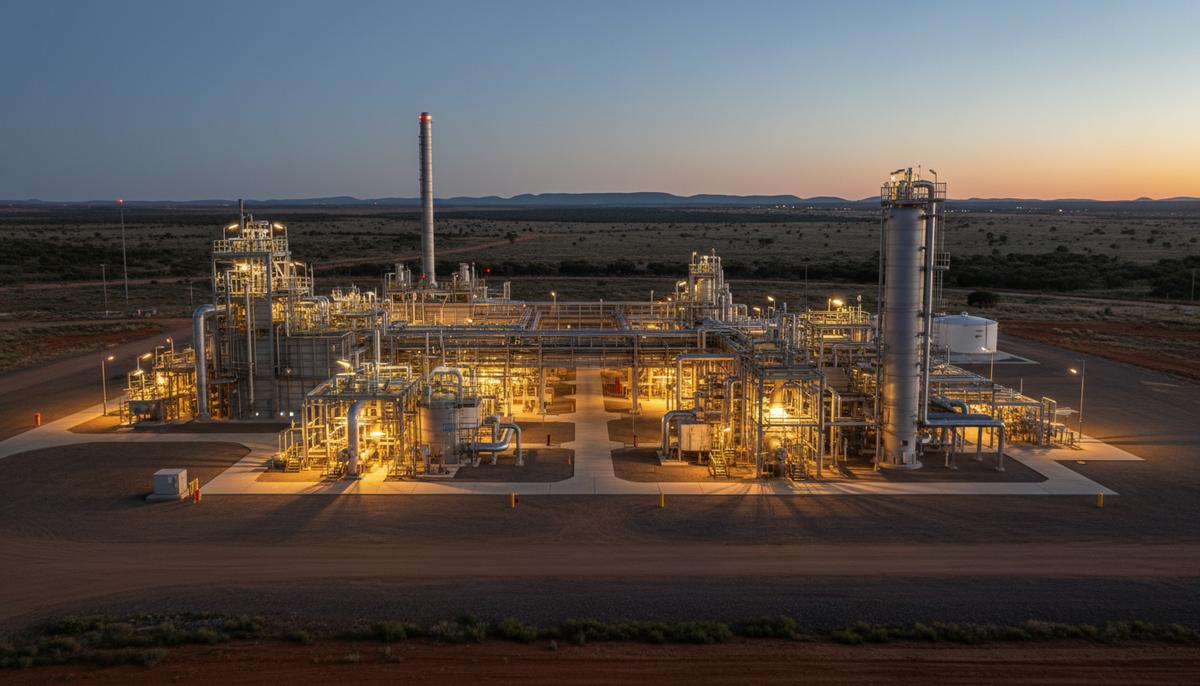 Газоперерабатывающий завод Уэйтсиа в Западной Австралии на закате, промышленное освещение, трубы и технологические установки на фоне равнинного пейзажа.