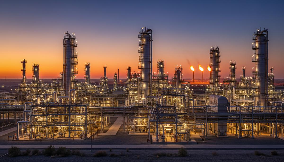 Огромный нефтеперерабатывающий завод на закате, освещенный промышленными огнями, с переплетением труб и факельными установками.