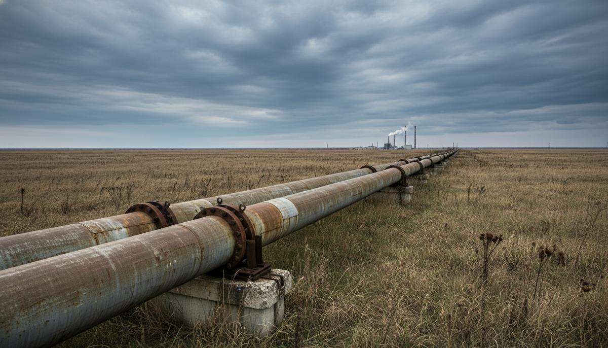 Массивные трубы нефтепровода «Дружба» пересекают поле. На горизонте видна насосная станция.