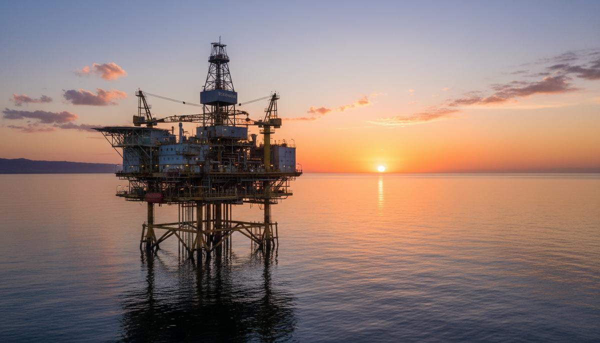 Морская нефтегазовая платформа Gilda в Тихом океане у побережья Калифорнии на фоне заката.