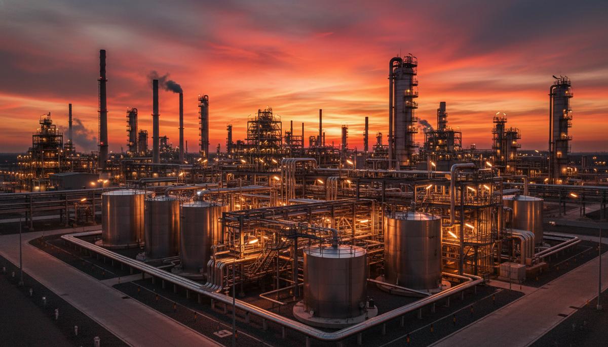 Промышленный комплекс нефтеперерабатывающего завода с резервуарами и трубопроводами на фоне закатного неба.