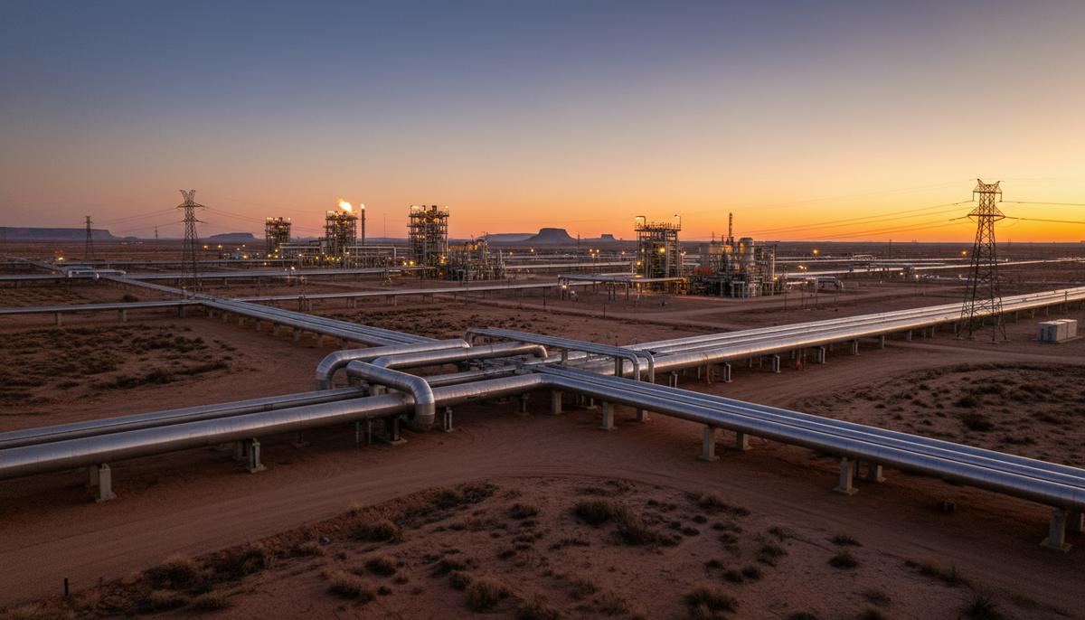 Разветвленная система газопроводов и компрессорных станций в засушливом ландшафте Пермского бассейна на закате.