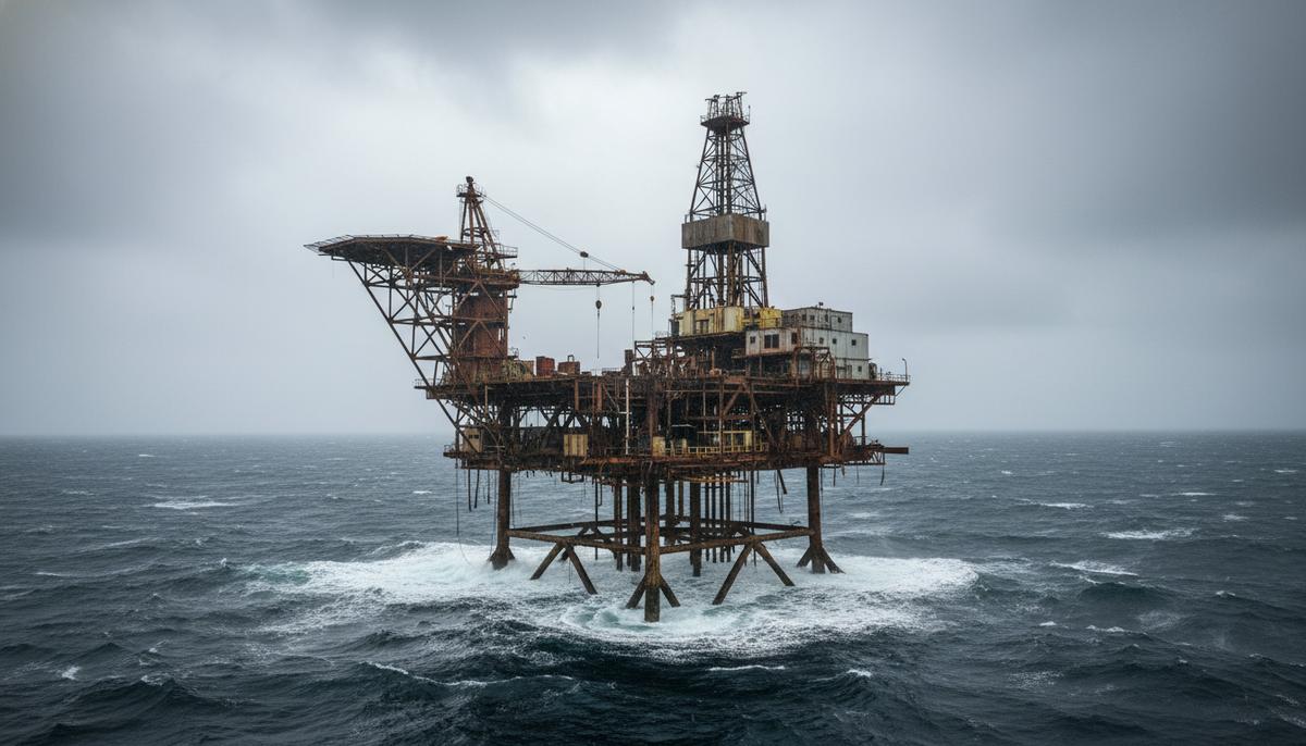 Старая ржавая нефтяная платформа в неспокойных водах Северного моря в процессе демонтажа под пасмурным небом.