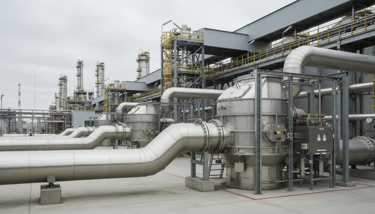 Современная герметичная система для обработки нефтяного кокса на нефтеперерабатывающем заводе.