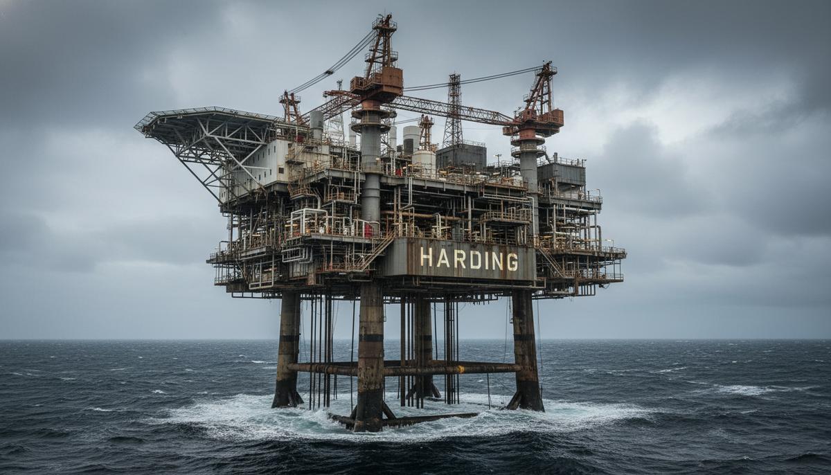 Самоподъемная нефтегазовая платформа Harding на стальном основании в неспокойных водах Северного моря под пасмурным небом.