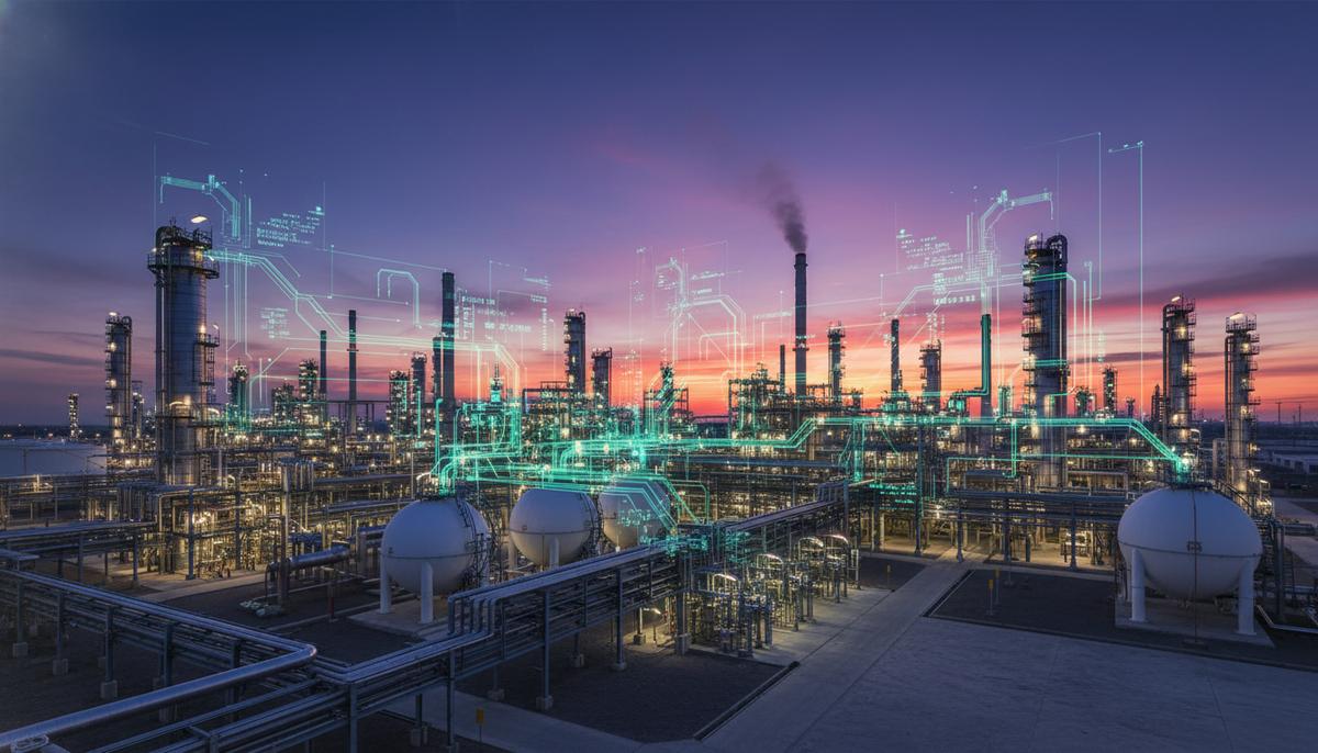 Современный нефтеперерабатывающий завод в вечернее время. Светящиеся линии наглядно показывают работу ИИ и анализ данных на производстве.