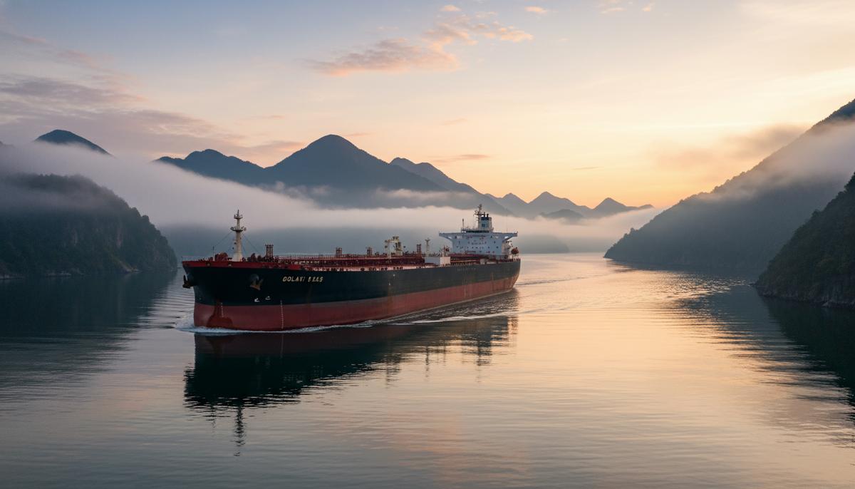 Огромный нефтяной танкер проходит через узкий морской пролив на рассвете на фоне гор.