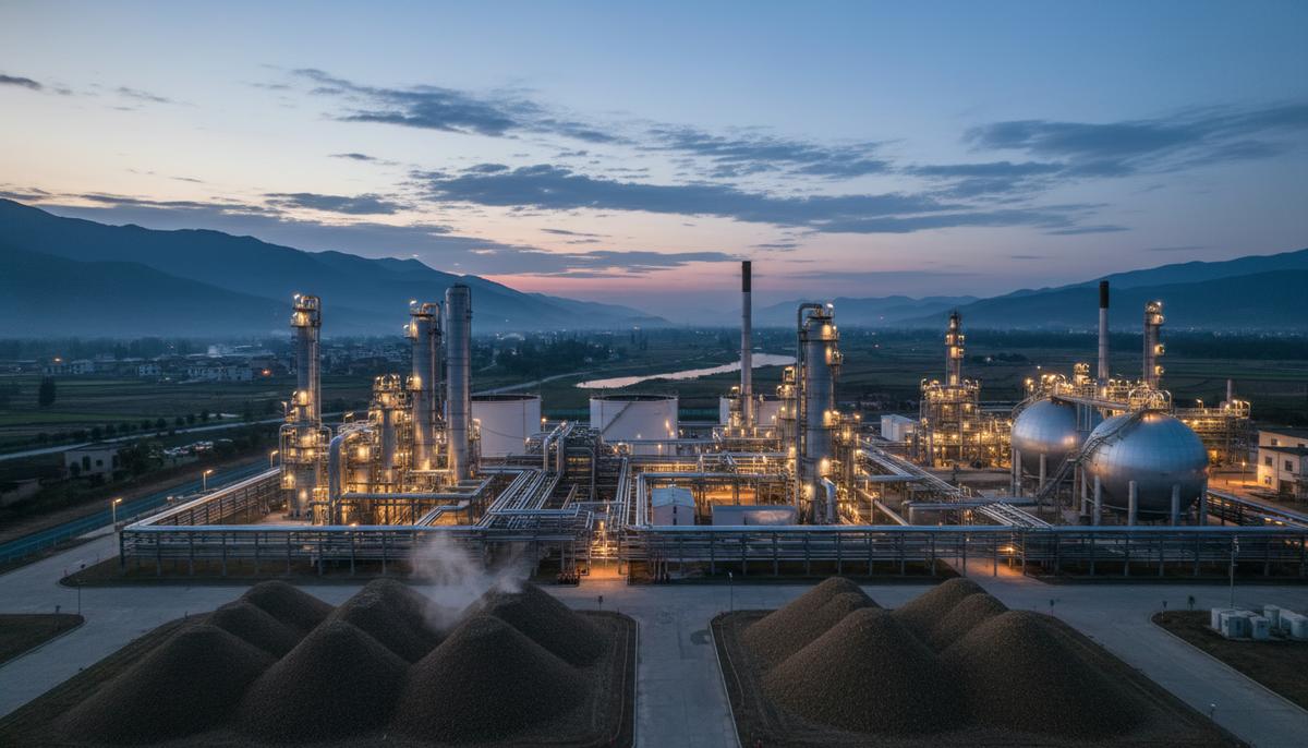 Завод по производству биометанола с серебристыми трубами и резервуарами, на переднем плане аккуратные запасы биомассы.