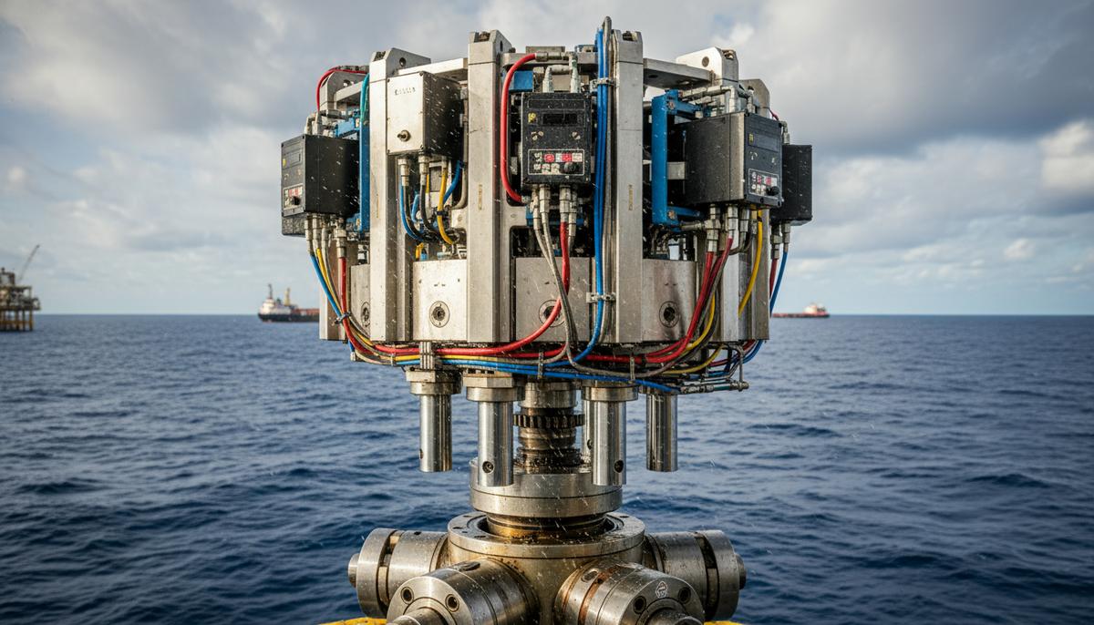 Компактная безвышечная установка для ремонта скважин на морской нефтегазовой платформе на фоне моря и облачного неба.