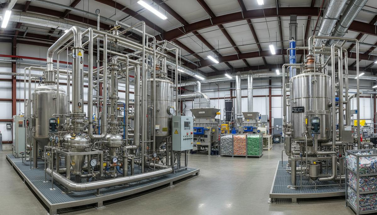 Опытная установка по переработке пластиковых отходов в авиатопливо. Промышленный цех с реакторами и переплетением стальных труб.