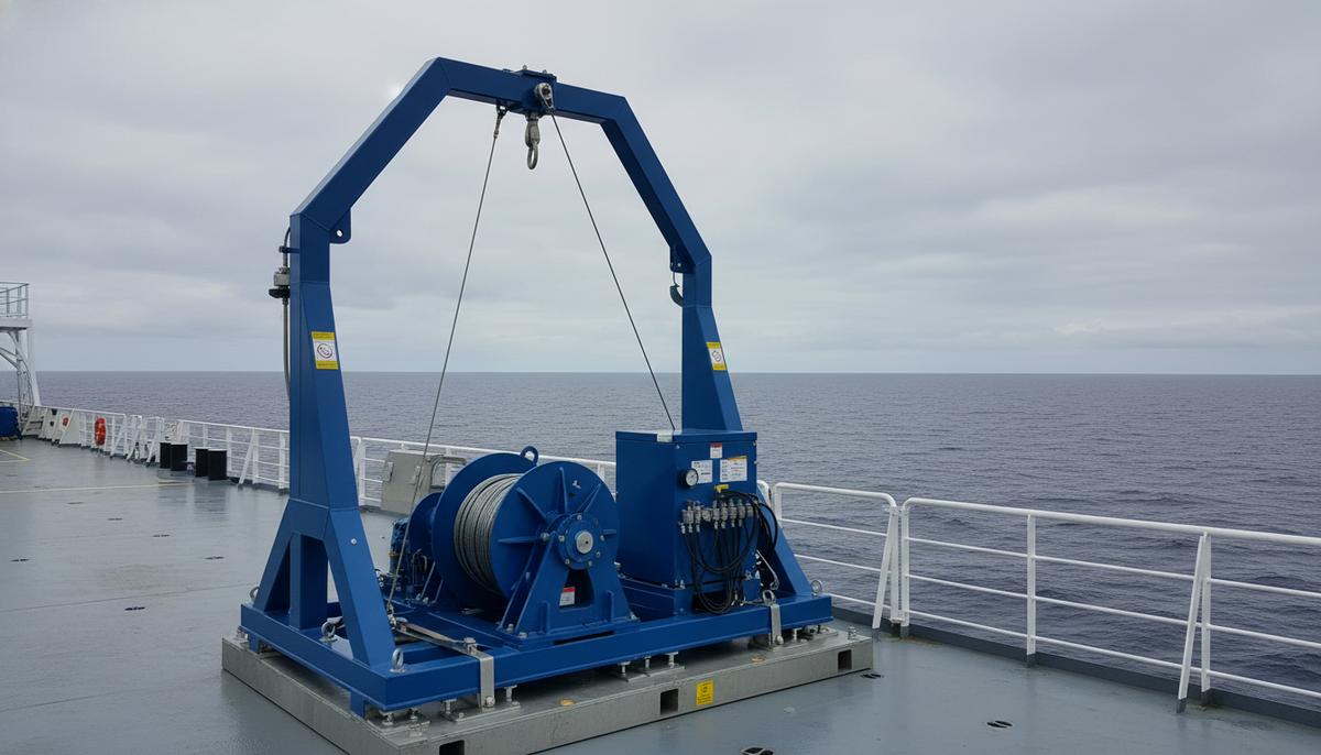 Система спуска и подъема подводных аппаратов M6000 на палубе судна, состоящая из А-рамы, лебедки и гидроагрегата.