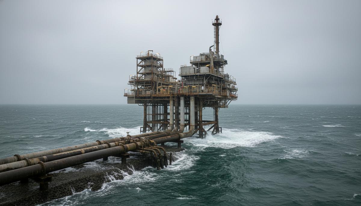 Морская платформа для закачки CO2 в Северном море с подходящими к ней подводными трубопроводами на фоне пасмурного неба.