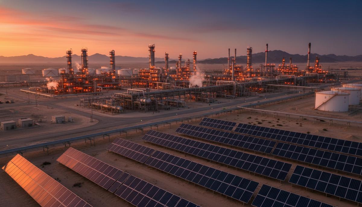 Современный нефтеперерабатывающий завод и большая солнечная электростанция в пустыне на фоне заката.