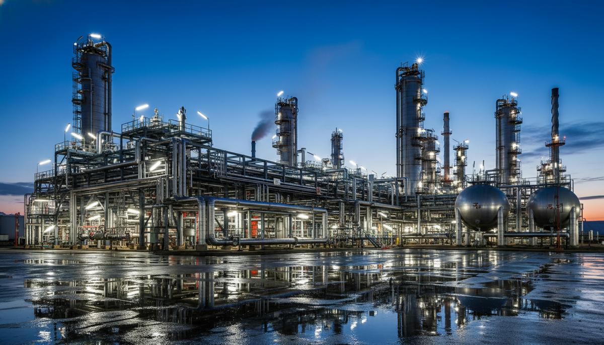 Масштабный комплекс современного нефтеперерабатывающего завода в сумерках, освещенные технологические установки и трубопроводы.