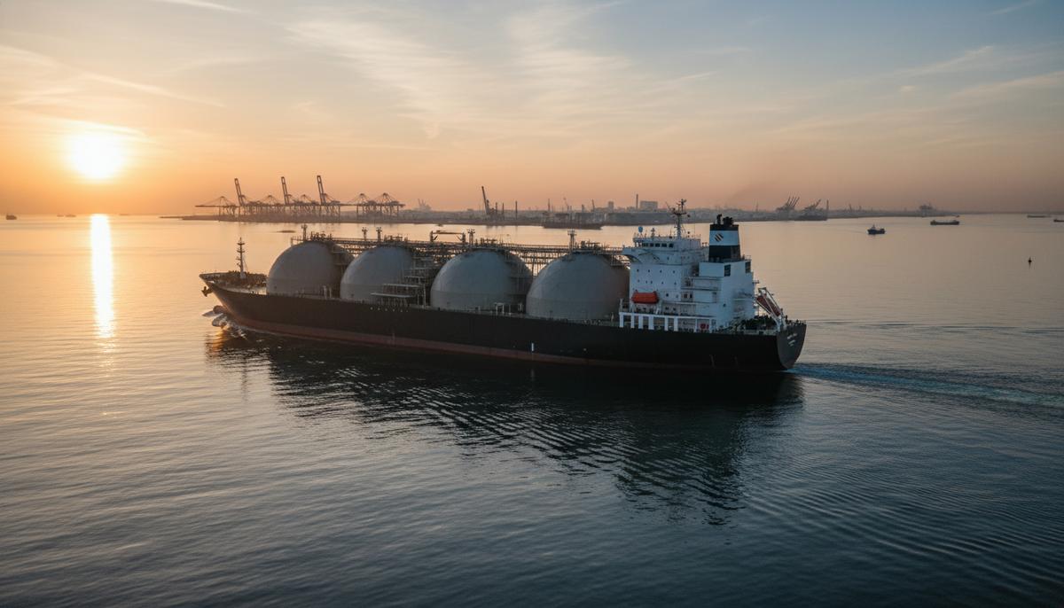 Крупнотоннажный танкер-газовоз для перевозки СПГ в море на рассвете, на горизонте виден портовый терминал.