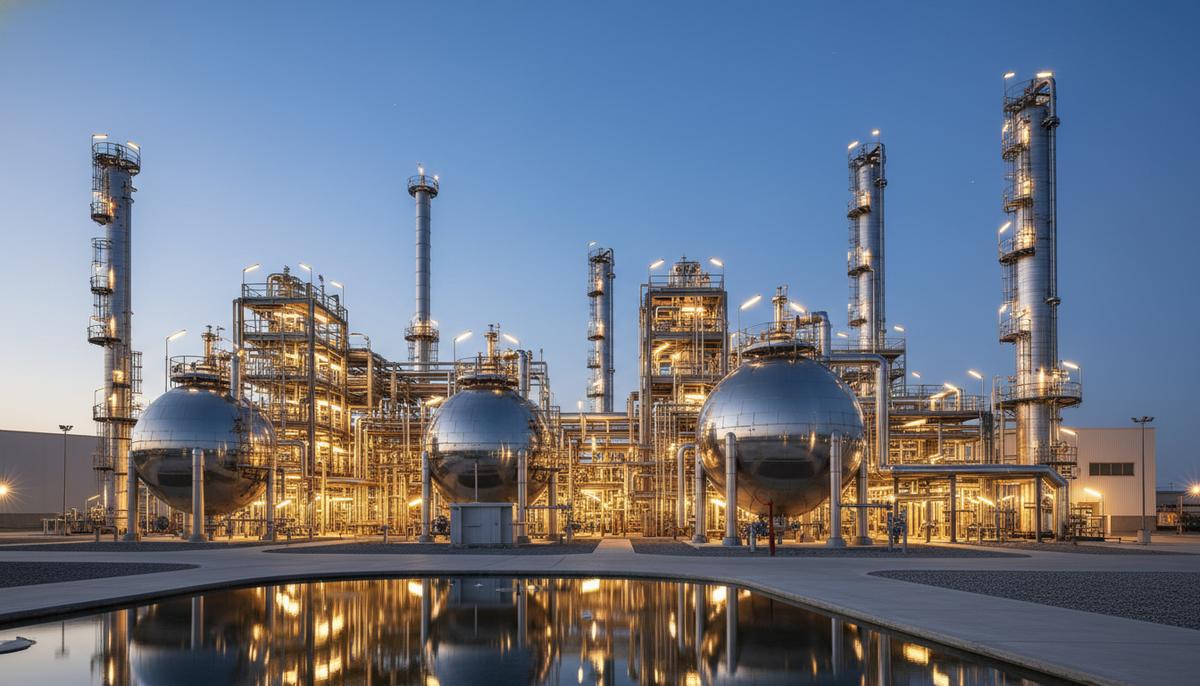 Современный химический завод в сумерках. Стальные реакторы и трубы подсвечены промышленным освещением.