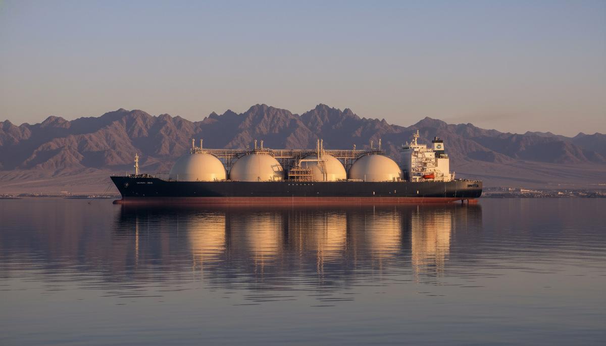 Огромный танкер для перевозки СПГ стоит на якоре в Ормузском проливе на фоне скалистых гор на рассвете.
