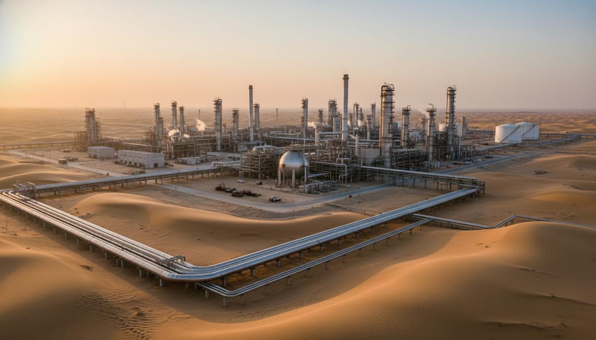 Огромный современный нефтеперерабатывающий завод с трубопроводами посреди Аравийской пустыни на рассвете.
