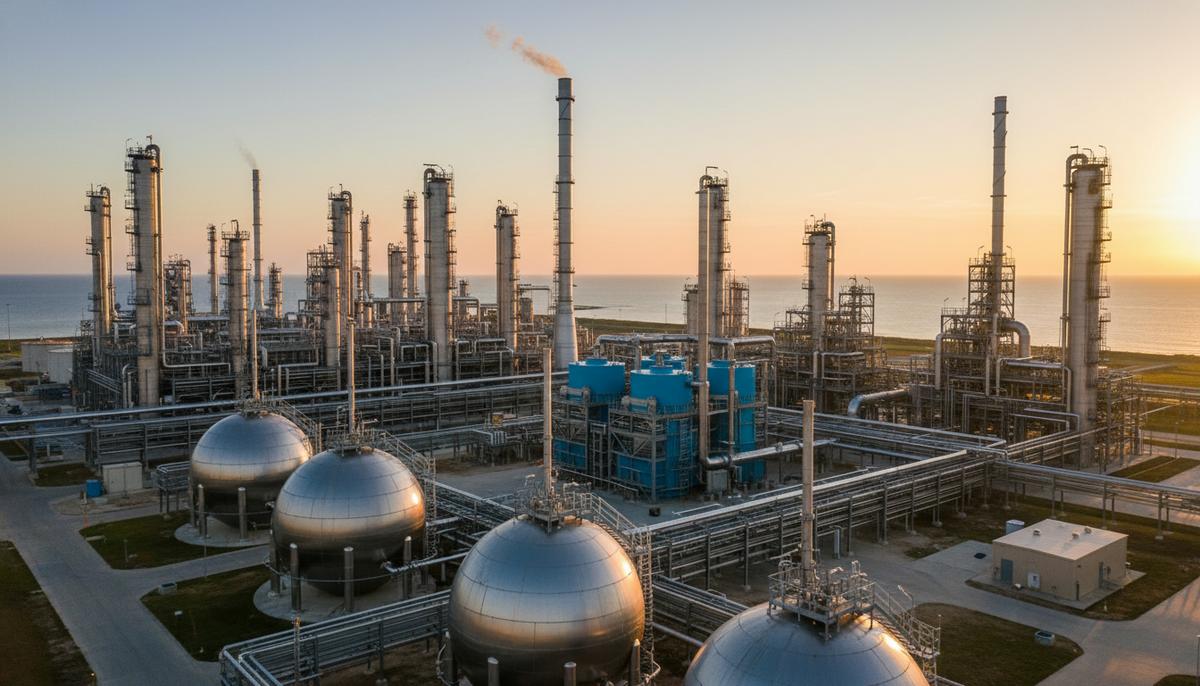 Крупный современный химический завод с дистилляционными колоннами и сферическими резервуарами на побережье Мексиканского залива.