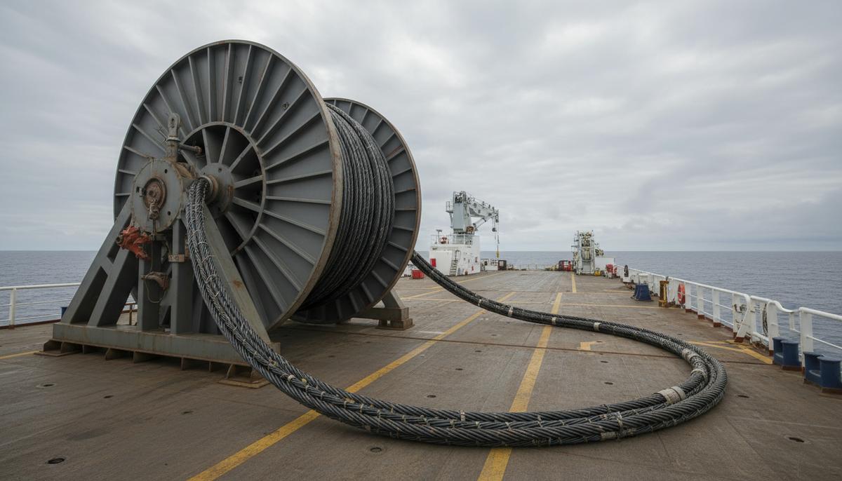Огромная катушка с подводным шлангокабелем на палубе судна в море. Промышленное оборудование для нефтегазового проекта.