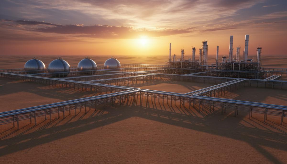 Крупный нефтеперерабатывающий завод с трубами и резервуарами в пустыне на рассвете.
