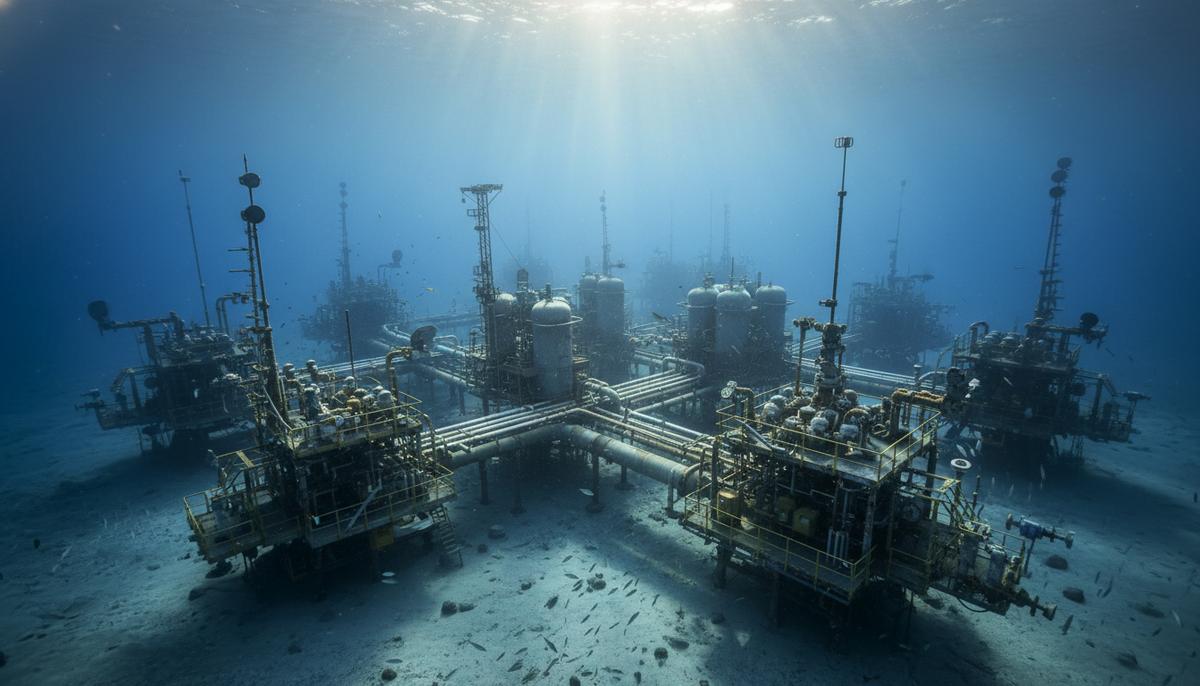 Подводное нефтегазовое оборудование: сеть трубопроводов и манифольдов на морском дне у побережья Анголы.