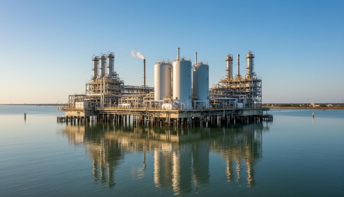 Завод по сжижению природного газа на стационарной платформе в прибрежных водах залива Матагорда, штат Техас.