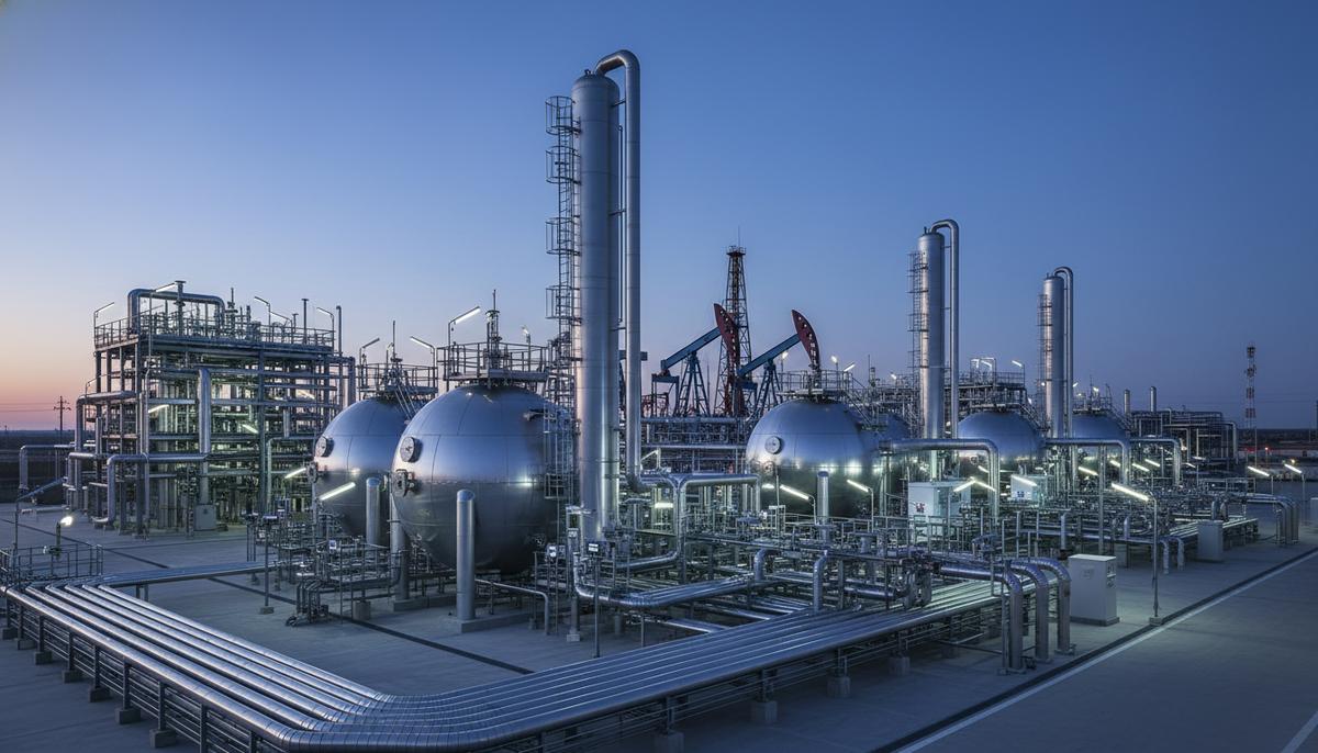 Современный комплекс по добыче и подготовке нефти и газа в сумерках. Металлические трубопроводы и оборудование с подсветкой.