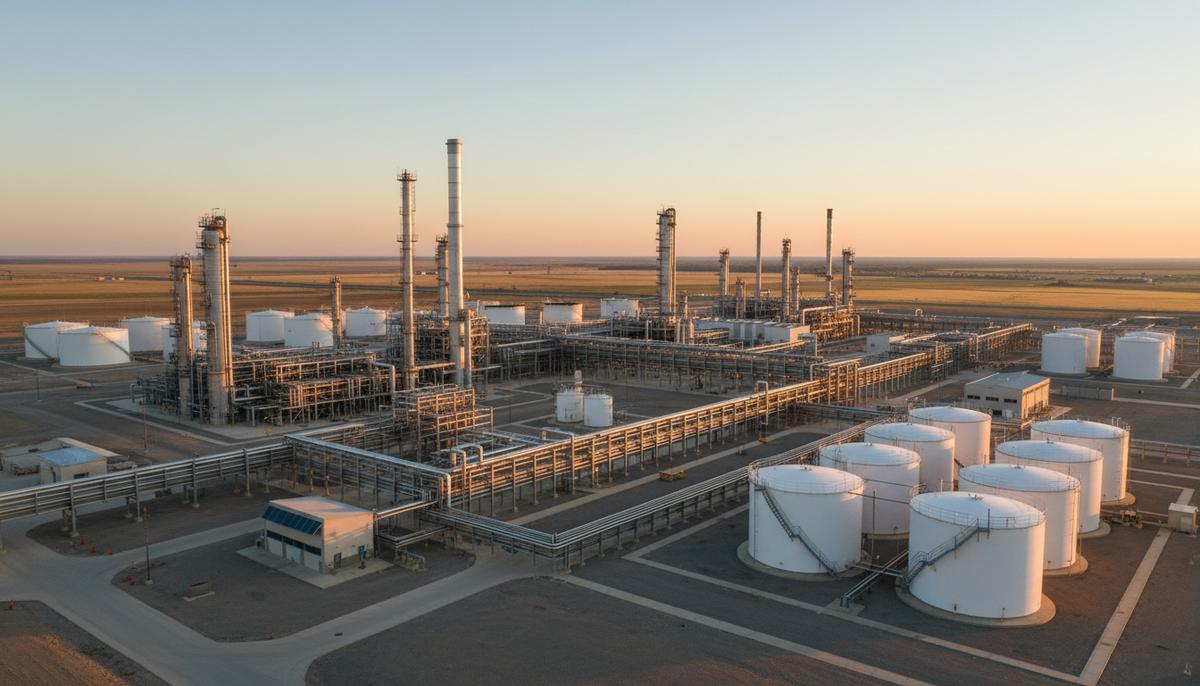 Новый нефтеперерабатывающий завод в Техасе: ректификационные колонны, сеть трубопроводов и резервуары для хранения нефти.