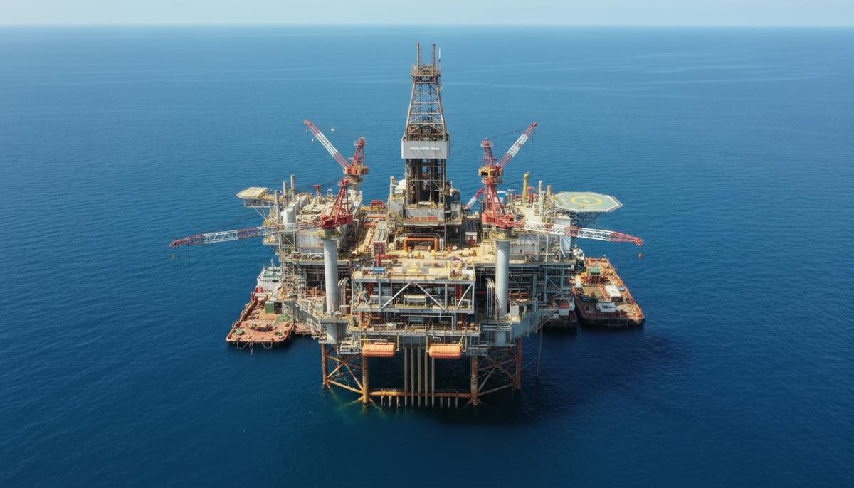 Крупная морская нефтегазовая платформа Аппоматтокс в водах Мексиканского залива, вид с воздуха на ее технические сооружения.