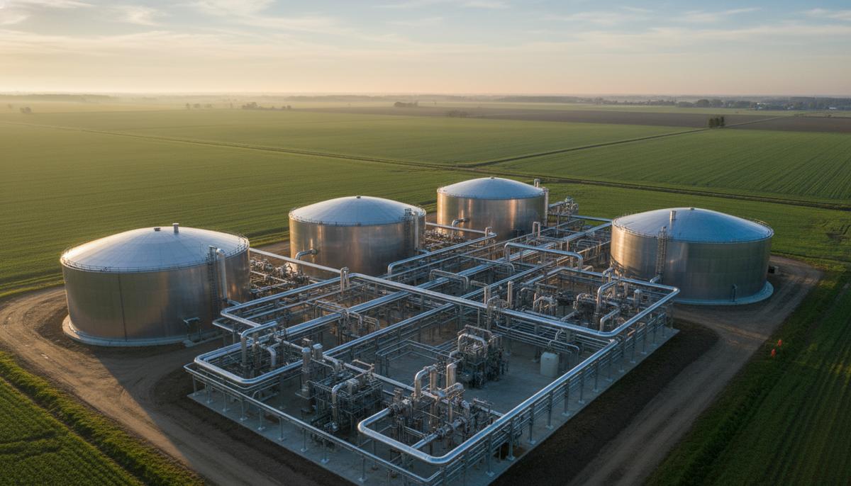 Современная установка по производству возобновляемого природного газа на рассвете. Большие биореакторы соединены сетью трубопроводов.