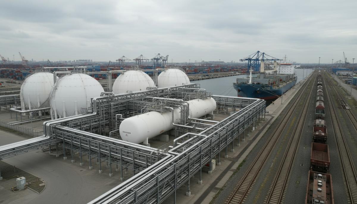 Крупные резервуары и трубопроводы терминала для хранения углекислого газа в промышленном порту Бристоля, Великобритания.