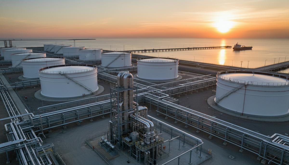 Современный нефтегазовый терминал с большими резервуарами для хранения топлива, трубопроводами и установкой улавливания паров на закате.