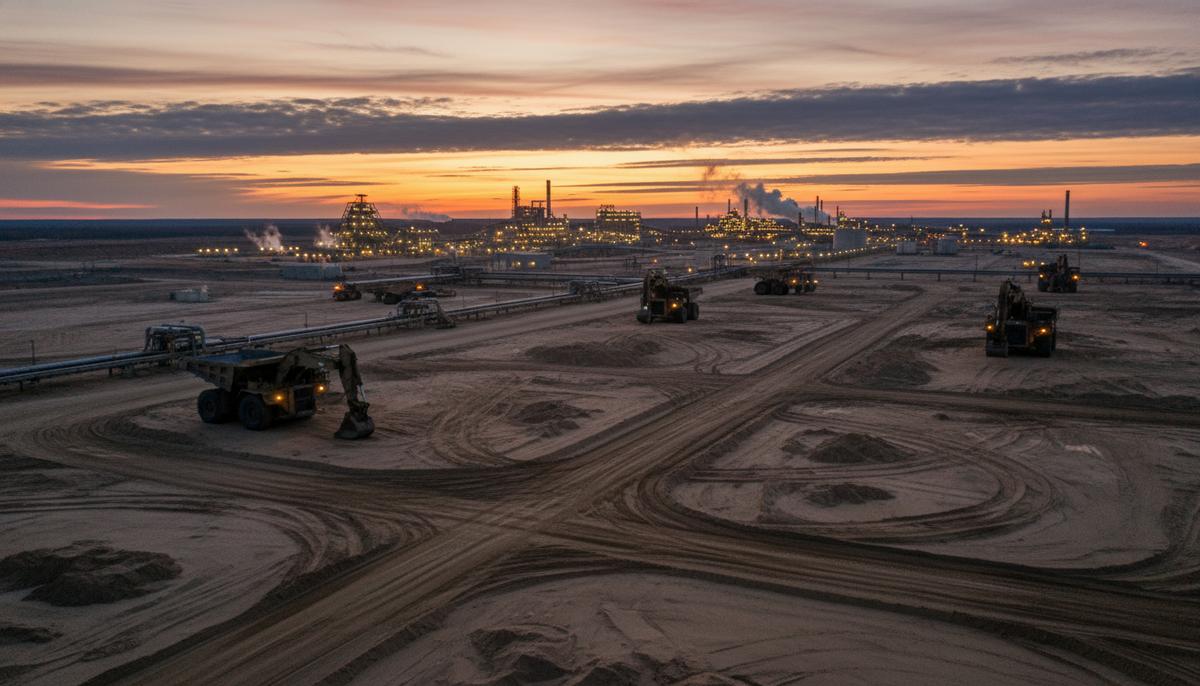 Промышленный пейзаж карьера по добыче нефтеносных песков в Канаде с технологическим оборудованием и трубопроводами на закате.