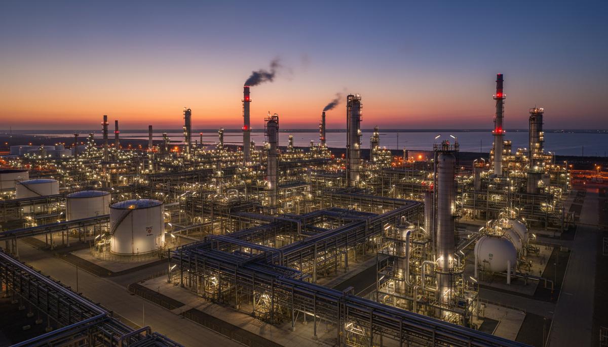 Нефтехимический комплекс Аль-Рувайс в ОАЭ в сумерках. Огромная промышленная площадка с освещенными трубопроводами и башнями.