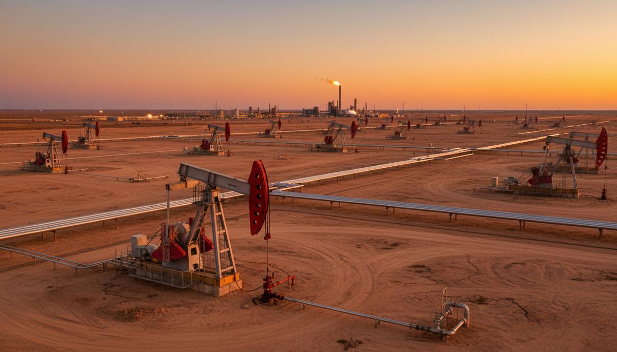 Нефтяная качалка на фоне пустынного пейзажа с трубопроводами и газовым заводом в лучах заходящего солнца.
