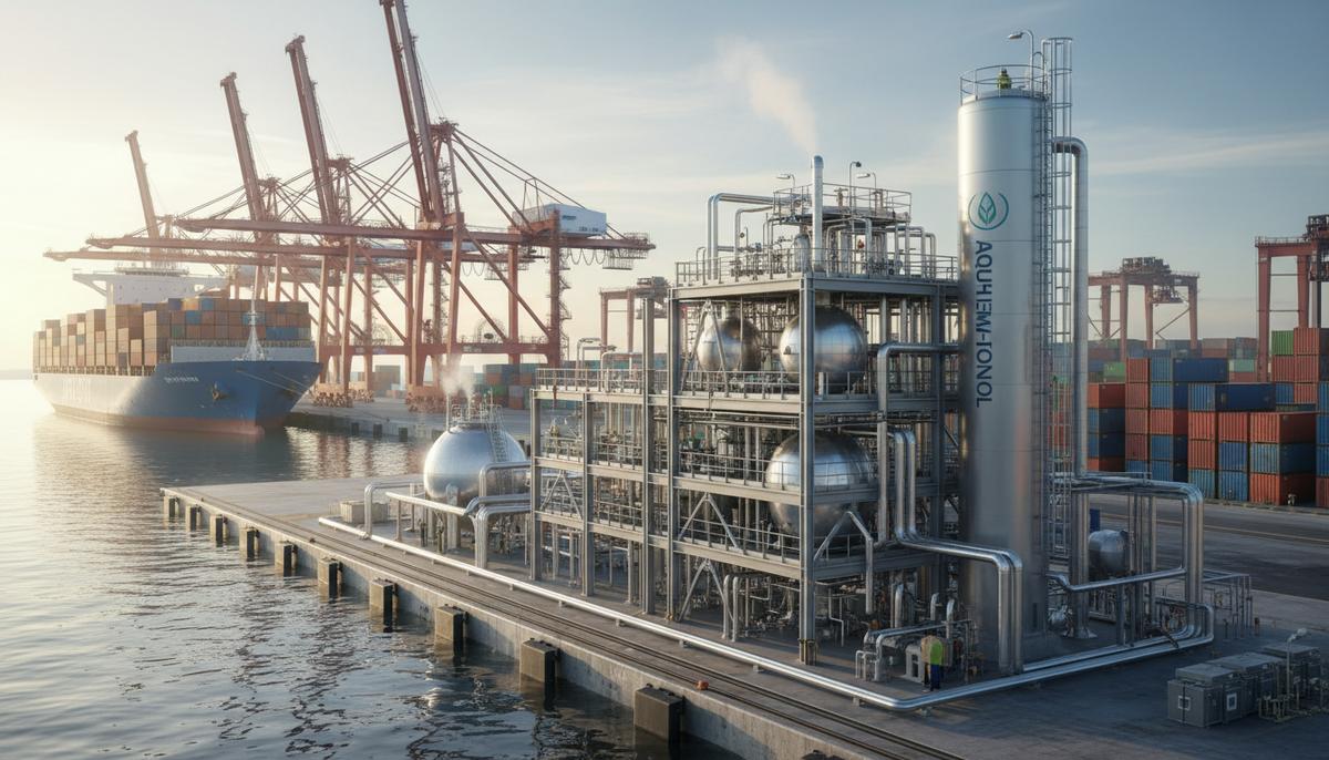 PuriFire и X-Press Feeders создадут в Европе сеть по производству биометанола Современная установка по производству биометанола с резервуарами и трубами в порту на фоне большого контейнеровоза.