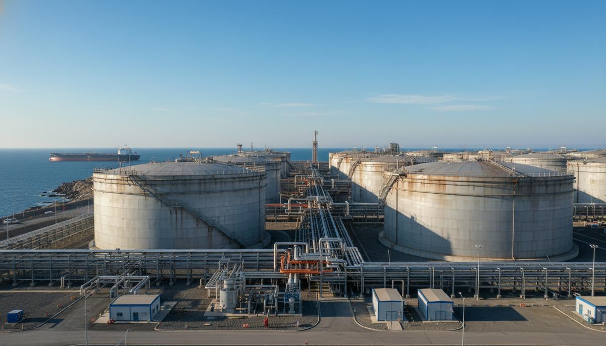Большие резервуары для хранения нефти на прибрежном терминале с трубопроводами. На горизонте виден нефтяной танкер.