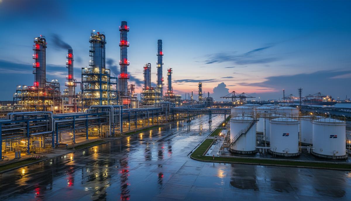 Промышленный пейзаж нефтехимического комплекса в Сингапуре: переплетение труб, резервуары и технологические установки в вечернем освещении.