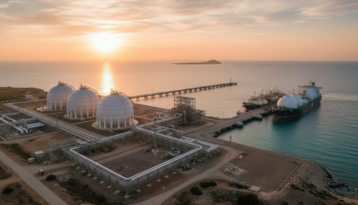 Турецкая BOTAŞ договорилась с Argent LNG о поставках СПГ из США СПГ-терминал на побережье Турции, сферические резервуары для хранения газа и танкер-газовоз у причала на закате.