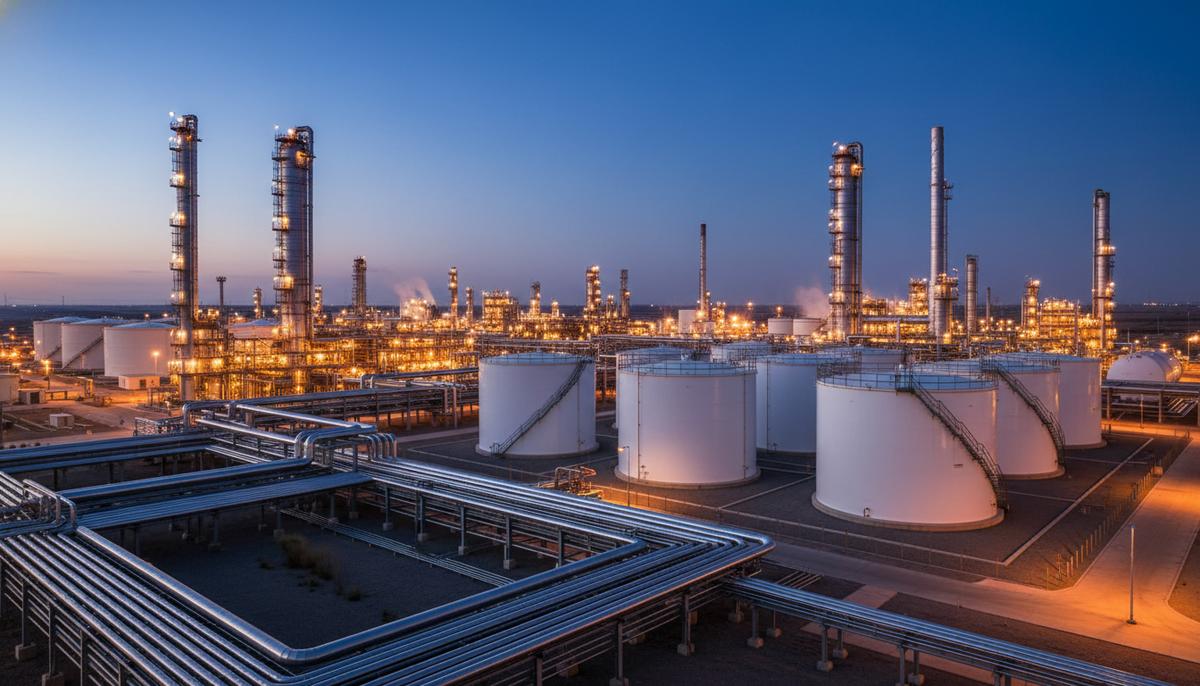 Современный нефтегазоперерабатывающий завод в сумерках. Сеть трубопроводов, резервуары для хранения и осветительные мачты.