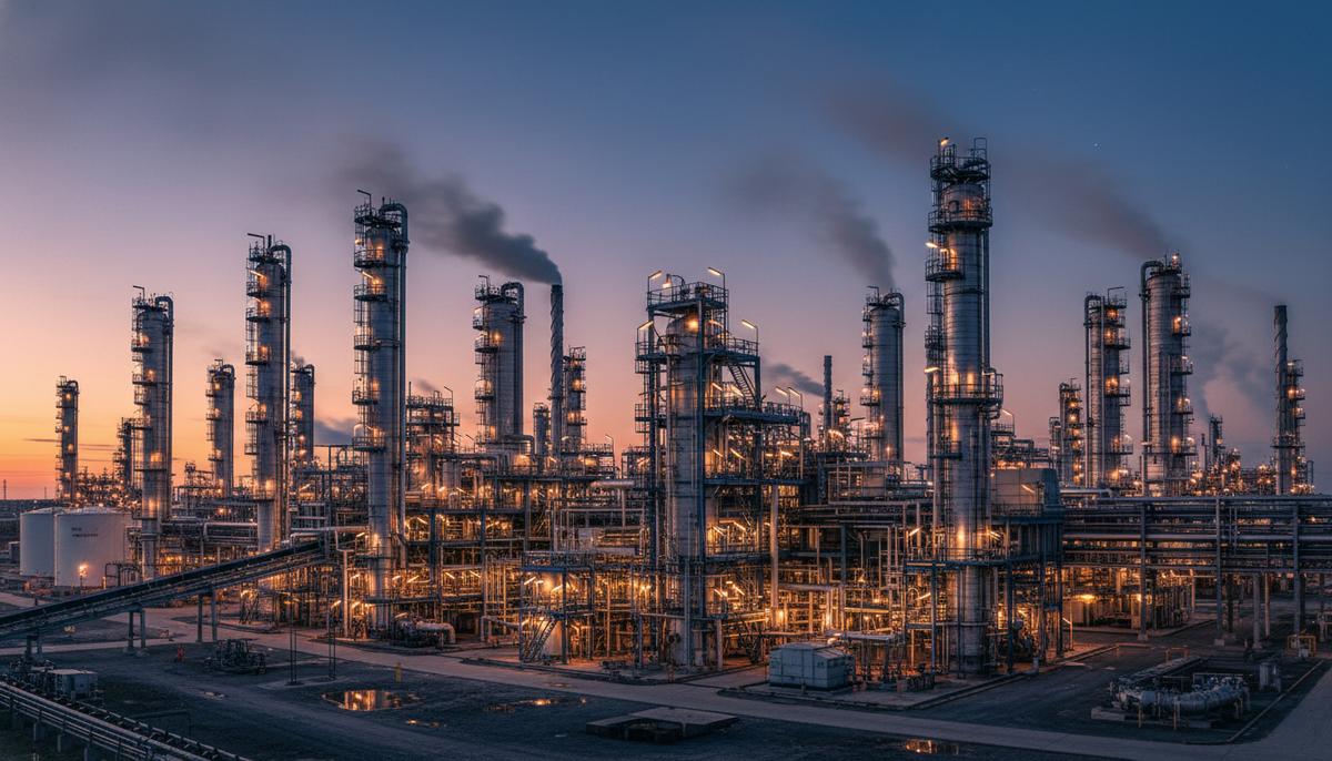 Цены на бензин в США растут из-за простоев НПЗ и геополитики Нефтеперерабатывающий завод с трубами и башнями, подсвеченный огнями на фоне вечернего неба.